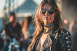 Biker rocker, woman in leather jacket and sunglasses at a heavy metal concert, shoulder pads studded with copy space