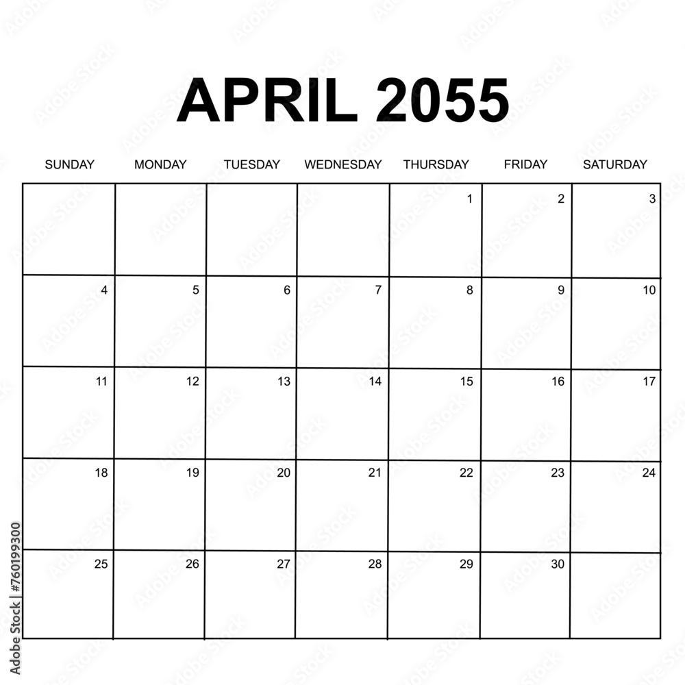 april 2055. monthly calendar design. week starts on sunday. printable ...