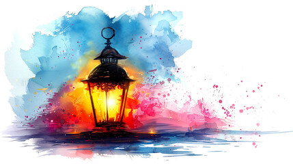 Burning Islamic lantern illustration in watercolor style