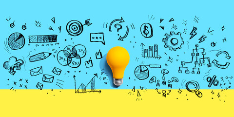 Poster - marketing strategy concept with a light bulb - flat lay
