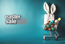 Easter Sale Wallpaper With Copy Space.eco Shopping Bag With Eggs And Bunny Ears In Shopping Cart