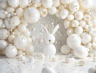 White elegant Easter scene with balloons and a large Easter bunny for family photos and special Easter moments. Ideal for family photos or fashion magazine editorials.