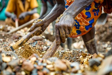 Close-Up of Artisanal Mining: Hands with Tools Sorting Minerals in Developing Country