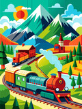 Fototapeta Dinusie - A train traverses a scenic landscape, its path cutting through lush greenery and distant mountains.