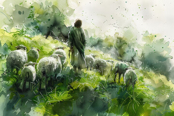 Wall Mural - Green splash watercolor painting of Jesus Christ grazing sheep