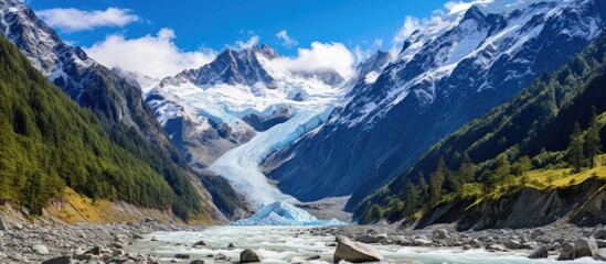 Wall Mural - Majestic River Flowing Through Serene Mountain Landscape with Spectacular Mountain Range Background