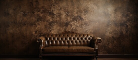 Poster - A brown leather couch is placed in front of a brown wall, creating a warm and cozy ambiance. The room also features an automotive tire table, wooden art pieces, and metal bumper accents