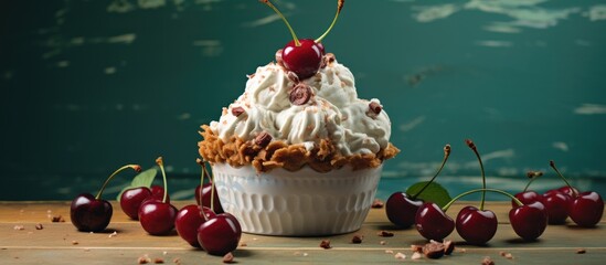 Canvas Print - Delicious Cupcake Topped with Fluffy Whipped Cream and Juicy Cherries