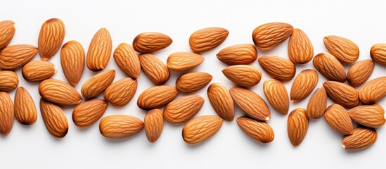 Wall Mural - Fresh Organic Almonds Arranged Neatly on Clean White Background for Healthy Snack Concept