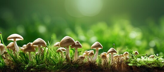 Wall Mural - Diverse Wild Mushrooms Sprouting Amidst Lush Green Grass in Natural Habitat