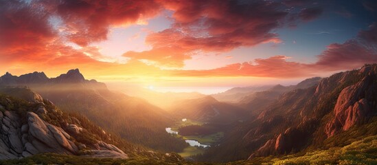 Poster - Dramatic Sunset Paints Majestic Mountain Valley in Orange Hues of Twilight