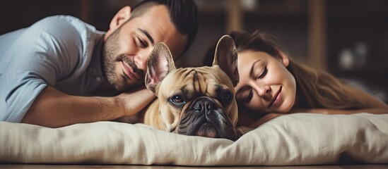 Sticker - Serene Couple Relaxing on a Cozy Bed with Their Adorable Pet Dog