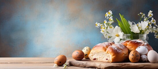 Wall Mural - A Rustic Table Adorned with Fresh Eggs in a Bowl and Elegant Vase of Das Flowers