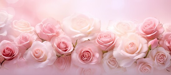 Poster - elegant pink roses blooming on vibrant wallpaper background with soft petals