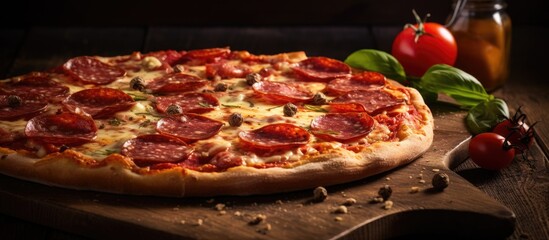 Sticker - Delicious Pepperoni and Cheese Pizza on Rustic Wooden Board for Gourmet Food Lovers