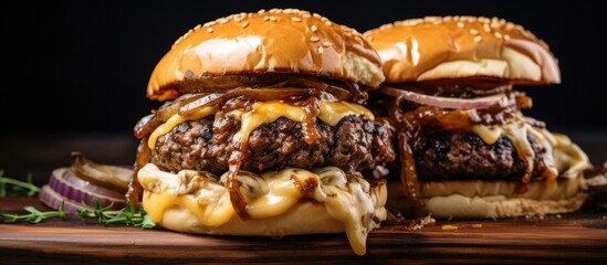 Poster - Delicious Cheeseburgers with Fresh Onions on Rustic Wooden Cutting Board