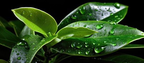 Poster - Tranquil Botanical Macro Shot Featuring Dewy Water Droplets on Green Leaf