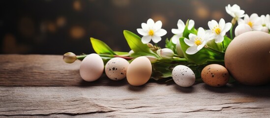 Wall Mural - Vibrant Easter Eggs and Spring Flowers Adorning a Rustic Wooden Table