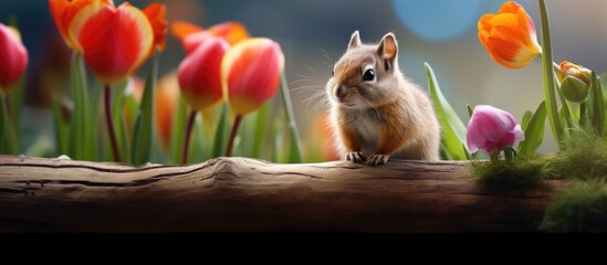 Wall Mural - Curious Squirrel Relaxing on a Tree Stump Surrounded by Wild Greenery