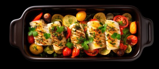 Poster - Savory Chicken and Colorful Vegetables Garnished with Fresh Herbs on a Sizzling Pan