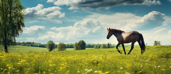 Canvas Print - Majestic Stallion Strolls Amid Vibrant Meadow Blooms in Harmonious Nature Scene