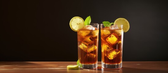 Poster - Refreshing iced tea beverages with fresh lime slices on rustic wooden surface