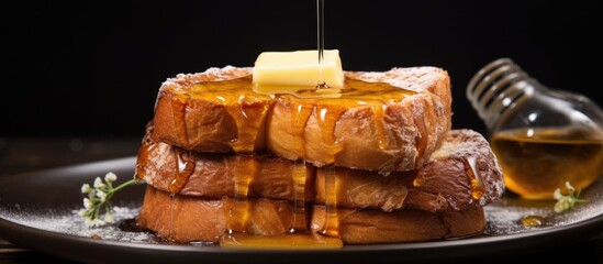 Wall Mural - Homemade Delight: Sweet Syrup Drizzled Over Fresh Slice of Crusty Bread on White Plate