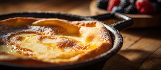 Canvas Print - Savory Cheese-Crusted Pie Paired with Fresh Berry Bowl on Rustic Wooden Table