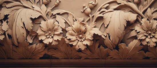 Wall Mural - Intricately Carved Wooden Artwork of Blooming Flowers and Leaf Patterns