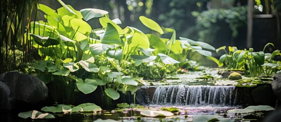 Wall Mural - Tranquil Small Pond Serenity with Cascading Waterfall and Blooming Lily Pads