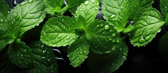 Poster - Vibrant Fresh Basil Leaves Glistening with Dewdrops