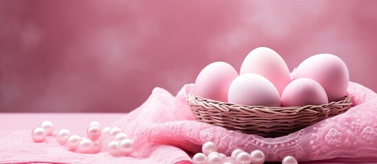 Canvas Print - Vibrant Basket Filled with Fresh Eggs on a Soft Pink Pastel Background