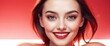 Bright red background Portrait of smiling beautiful woman smooth clean face glowing skin youth skin care ad concept from Generative AI