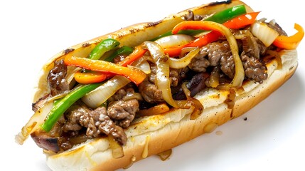 Philly cheesesteak with sautéed onions and bell peppers isolated on white background
