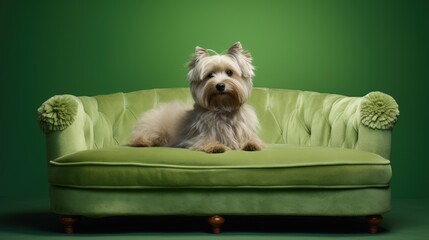 Poster - Adorable Canine Relaxing on a Vibrant Green Sofa Amidst a Bright Setting