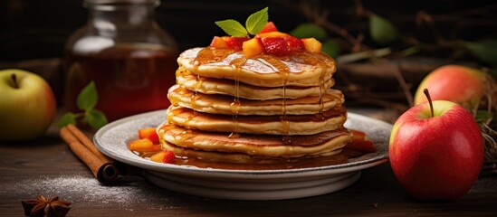 Poster - Homemade Delicious Pancakes Covered in Sweet Syrup and Fresh Apples