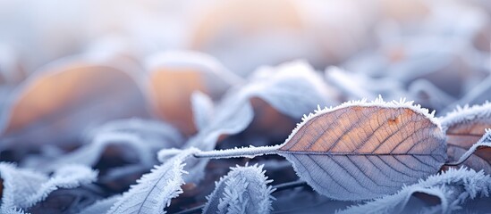 Poster - Crisp Autumn Morning: Delicate Frost Blankets Colorful Leaves Scattered on the Ground