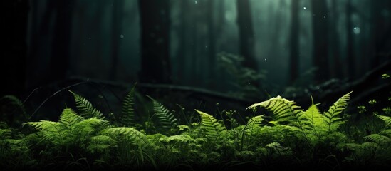 Sticker - Enchanting Forest Scene with Lush Green Ferns and Mystical Atmosphere