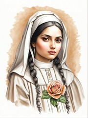 Wall Mural - Saint Rose of Lima hand drawn sketch portrait on plain white background from Generative AI