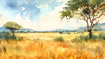 watercolour illustration of an african landscape of the savanna, artistic modern and simple backgrou