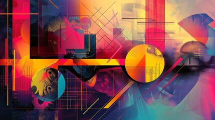 Fototapete - Abstract digital artwork with floating geometric shapes, dynamic lines in vibrant colors