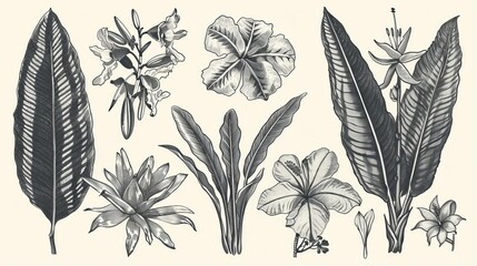 Wall Mural - Vintage Botanical Illustration of Exotic Tropical Flowers and Leaves, Detailed Pen and Ink Drawing