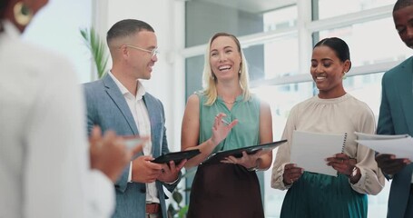 Poster - Documents, technology and training with team of business people in office for discussion or planning. Coaching, collaboration and diversity with man and woman employee group talking in workplace