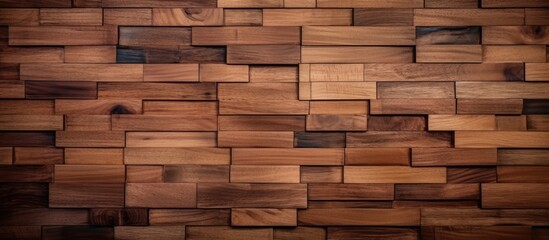 Poster - A closeup of a brown hardwood wall made of rectangular wooden blocks. The wood stain enhances the natural beauty of the material, resembling a brick flooring building material