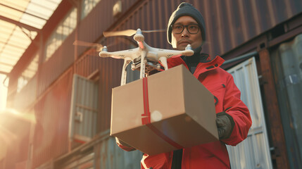 Canvas Print - worker in warehouse using drone with tablet wear safety helmet and west