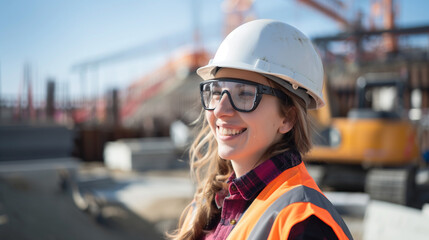 Poster - portrait of an industrial worker woman in helmet and west