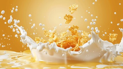 Wall Mural - Corn flakes and milk splashes.