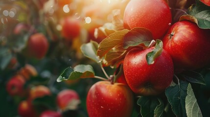 Wall Mural - red apple ripe on tree when sunrise 