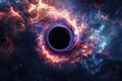 A deep space background with a black hole and event horizon