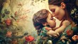 An illustration of a mother holding her little daughter and touching her head to show her love on floral background